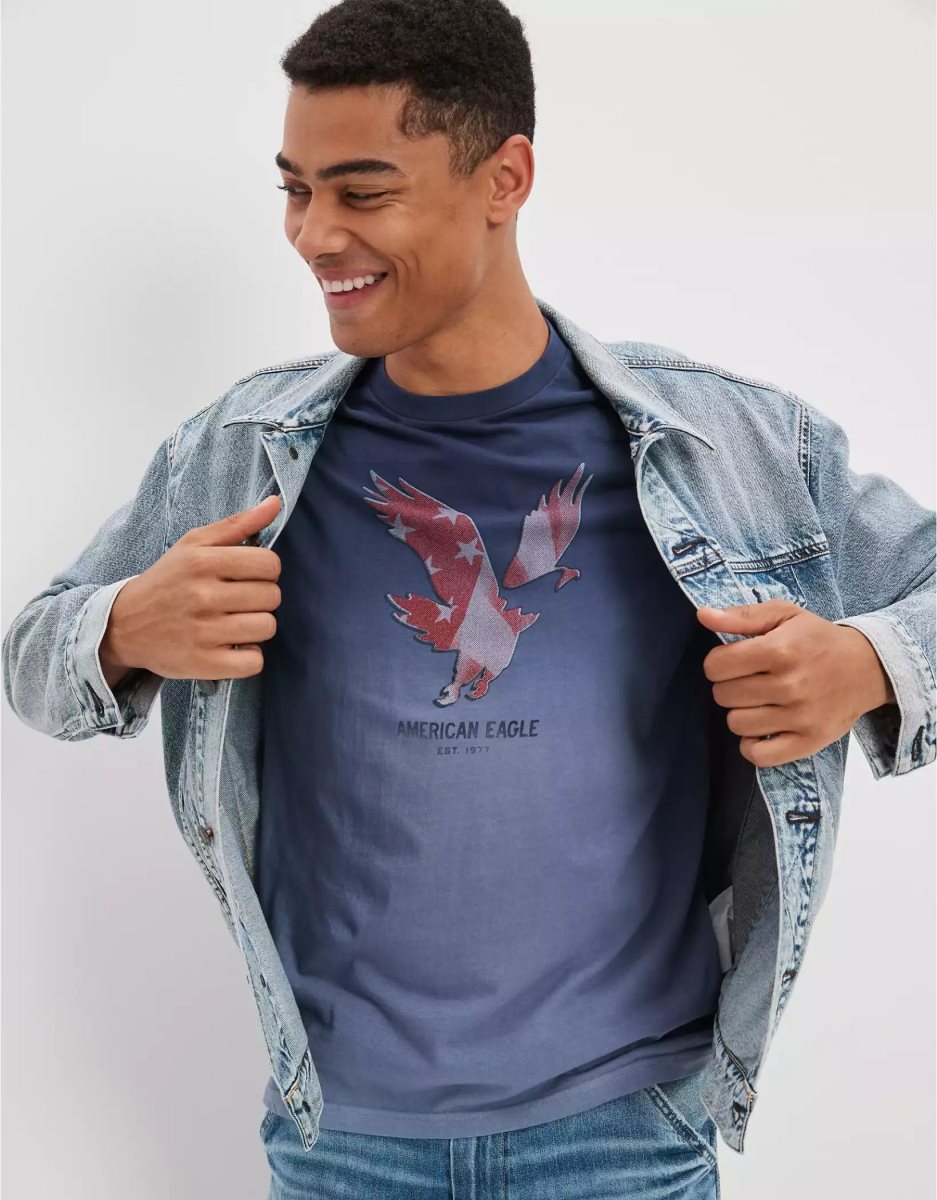 T Shirt Graphique American Eagle AE Super Soft Dip-Dye Logo Bleu Homme | NXM-73741476